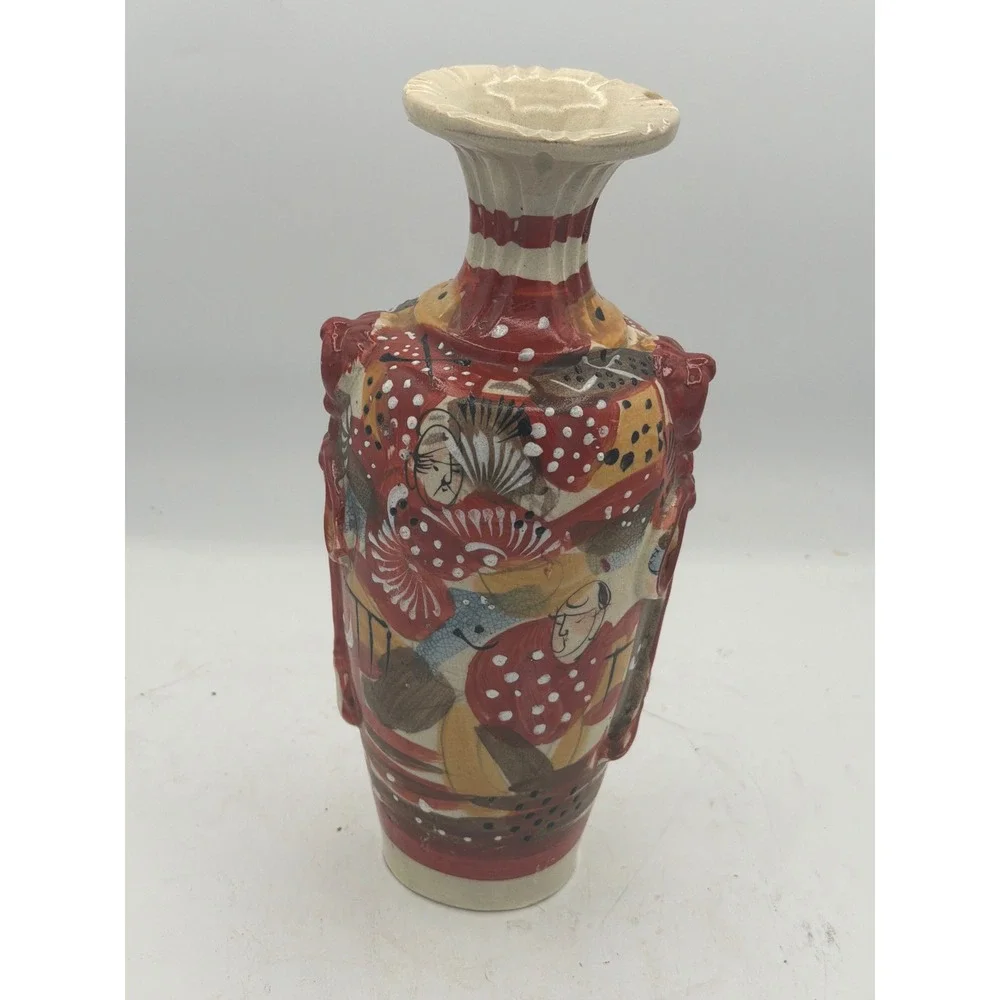 Vintage Antique Japanese Satsuma Moriage Vase Figure Samurai Warrior Earthenware